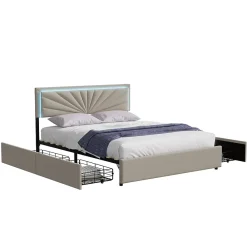 Simple Life Lit Double 160 X 200 Cm Avec 4 Tiroirs, Cadre De Lit Avec LED Et Sommier à Lattes, Lin, Beige* Lit Coffre
