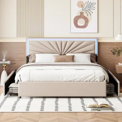 Simple Life Lit Double 160 X 200 Cm Avec 4 Tiroirs, Cadre De Lit Avec LED Et Sommier à Lattes, Lin, Beige* Lit Coffre