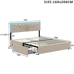 Simple Life Lit Double 160 X 200 Cm Avec 4 Tiroirs, Cadre De Lit Avec LED Et Sommier à Lattes, Lin, Beige* Lit Coffre
