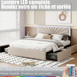 Simple Life Lit Double 160 X 200 Cm Avec 4 Tiroirs, Cadre De Lit Avec LED Et Sommier à Lattes, Lin, Beige* Lit Coffre