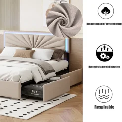 Simple Life Lit Double 160 X 200 Cm Avec 4 Tiroirs, Cadre De Lit Avec LED Et Sommier à Lattes, Lin, Beige* Lit Coffre