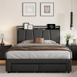 Lit Double 140 X 200 Cm Avec Éclairage LED, Prise USB, Rangement, Tête De Lit Capitonnée, Noir><noscript><img width=