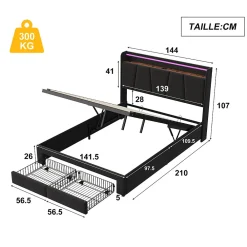 Lit Double 140 X 200 Cm Avec Éclairage LED, Prise USB, Rangement, Tête De Lit Capitonnée, Noir><noscript><img width=