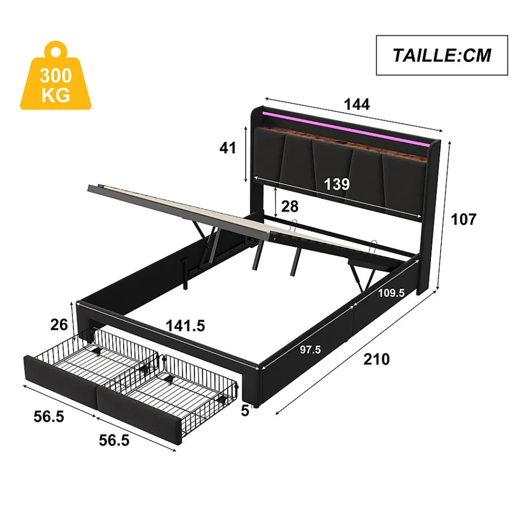 Lit Double 140 X 200 Cm Avec Éclairage LED, Prise USB, Rangement, Tête De Lit Capitonnée, Noir>Fortuna lai Online
