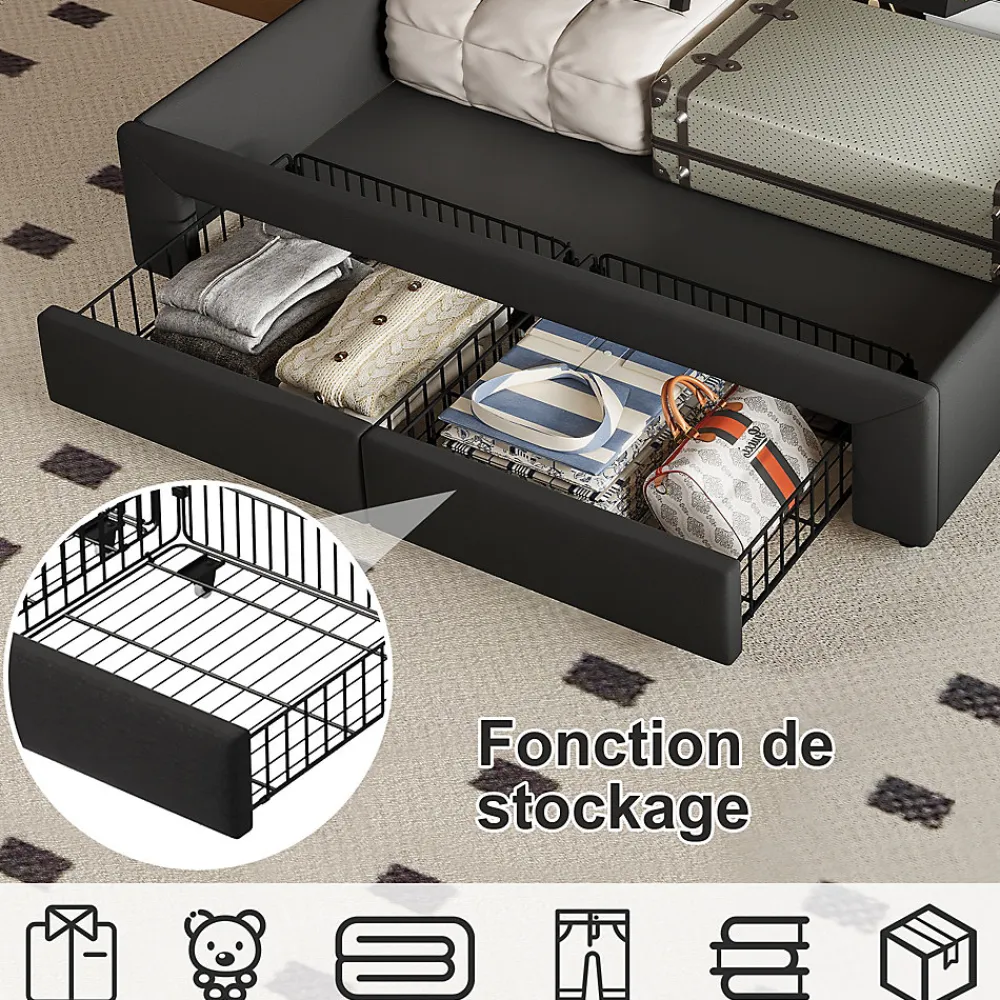 Lit Double 140 X 200 Cm Avec Éclairage LED, Prise USB, Rangement, Tête De Lit Capitonnée, Noir>Fortuna lai Online