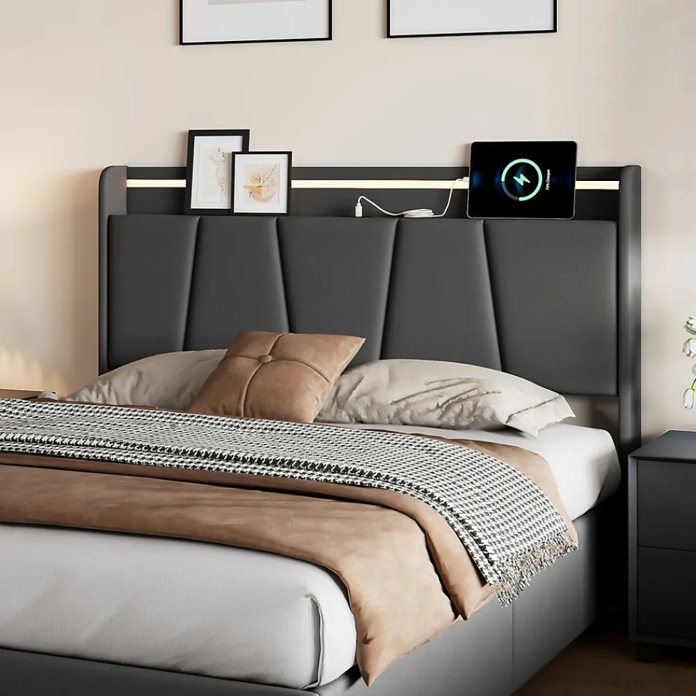 Lit Double 140 X 200 Cm Avec Éclairage LED, Prise USB, Rangement, Tête De Lit Capitonnée, Noir>Fortuna lai Online