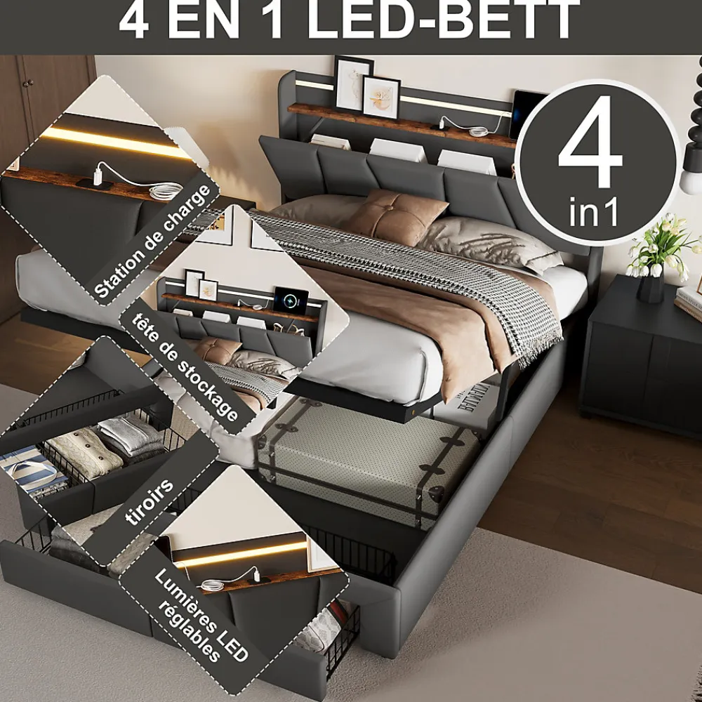 Lit Double 140 X 200 Cm Avec Éclairage LED, Prise USB, Rangement, Tête De Lit Capitonnée, Noir>Fortuna lai Online
