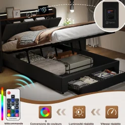 Lit Double 140 X 200 Cm Avec Éclairage LED, Prise USB, Rangement, Tête De Lit Capitonnée, Noir><noscript><img width=