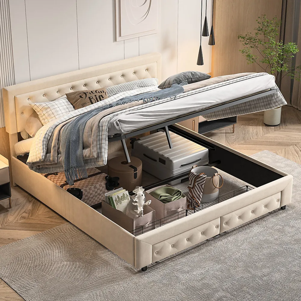 Lit Double 180 X 200 Cm Avec Coffre Et Tiroirs,velours,sommier à Lattes,lit Hydraulique, Beige>Simple Life New