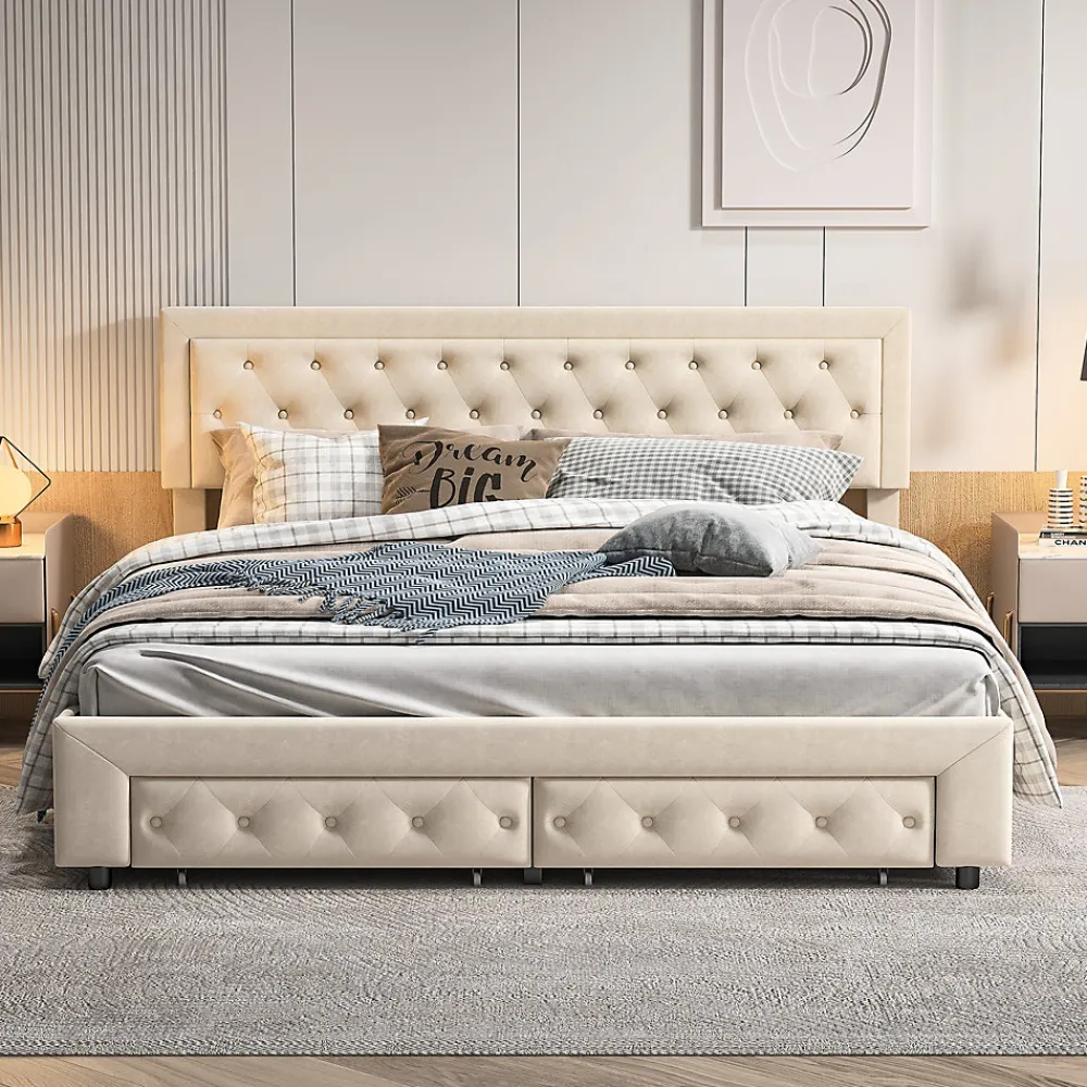 Lit Double 180 X 200 Cm Avec Coffre Et Tiroirs,velours,sommier à Lattes,lit Hydraulique, Beige>Simple Life New