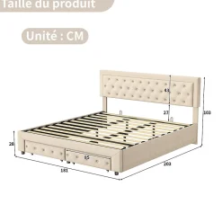 Lit Double 180 X 200 Cm Avec Coffre Et Tiroirs,velours,sommier à Lattes,lit Hydraulique, Beige><noscript><img width=