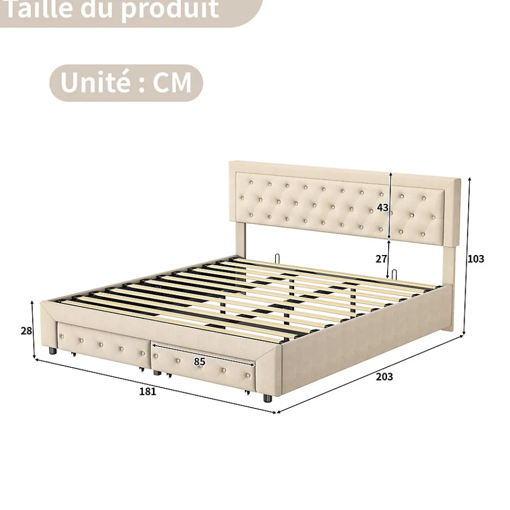 Lit Double 180 X 200 Cm Avec Coffre Et Tiroirs,velours,sommier à Lattes,lit Hydraulique, Beige>Simple Life New