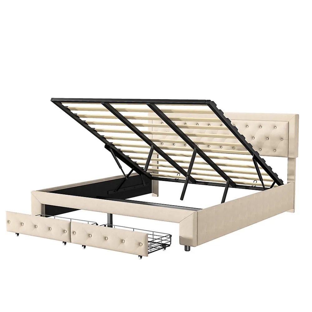 Lit Double 180 X 200 Cm Avec Coffre Et Tiroirs,velours,sommier à Lattes,lit Hydraulique, Beige>Simple Life New