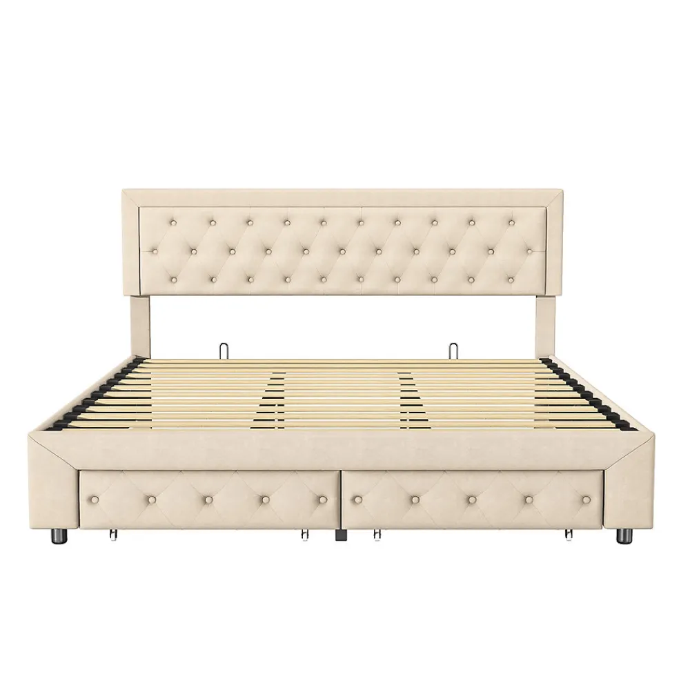 Lit Double 180 X 200 Cm Avec Coffre Et Tiroirs,velours,sommier à Lattes,lit Hydraulique, Beige>Simple Life New