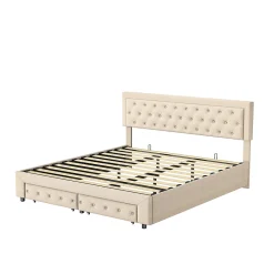 Lit Double 180 X 200 Cm Avec Coffre Et Tiroirs,velours,sommier à Lattes,lit Hydraulique, Beige><noscript><img width=