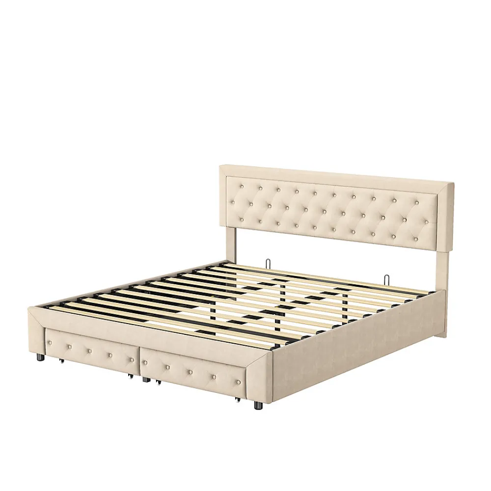 Lit Double 180 X 200 Cm Avec Coffre Et Tiroirs,velours,sommier à Lattes,lit Hydraulique, Beige>Simple Life New