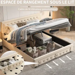 Lit Double 180 X 200 Cm Avec Coffre Et Tiroirs,velours,sommier à Lattes,lit Hydraulique, Beige><noscript><img width=