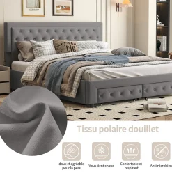 Simple Life Lit Double 180 X 200 Cm Avec Coffre Et Tiroirs,velours,sommier à Lattes,lit Hydraulique, Gris* Lit Coffre