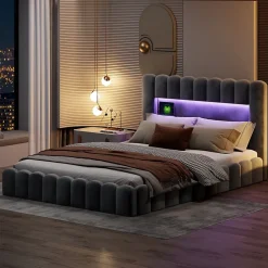 ProximaX Lit double 180 x 200 cm avec espace de rangement, Lit coffre avec lumières LED et USB, Gris clair* Lit Coffre