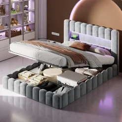 ProximaX Lit double 180 x 200 cm avec espace de rangement, Lit coffre avec lumières LED et USB, Gris clair* Lit Coffre