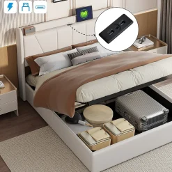 Lit Double 140 X 200 Cm Avec Port USB Et Compartiment De Rangement, Avec Tête De Lit, Beige><noscript><img width=
