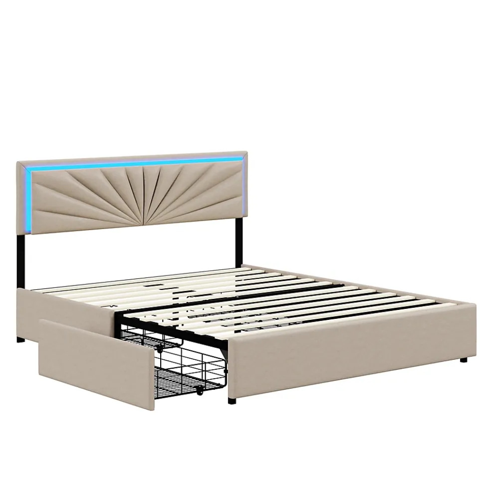 Simple Life Lit Double 140 X 200 Cm, Rembourré Avec 4 Tiroirs Et LED, Sommier à Lattes, Lin Beige* Lit Coffre