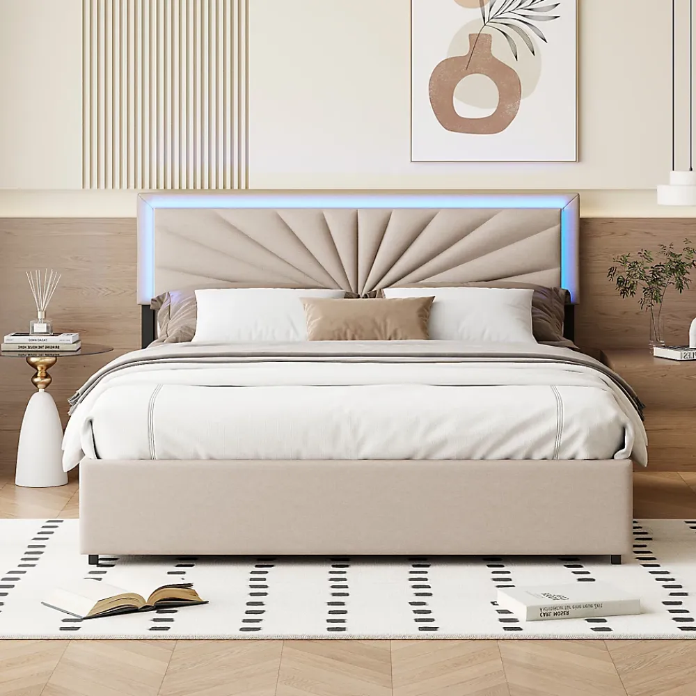Simple Life Lit Double 140 X 200 Cm, Rembourré Avec 4 Tiroirs Et LED, Sommier à Lattes, Lin Beige* Lit Coffre