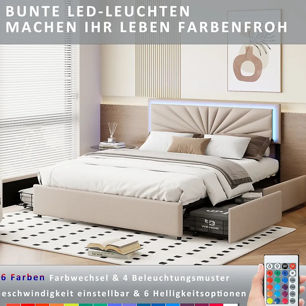 Simple Life Lit Double 140 X 200 Cm, Rembourré Avec 4 Tiroirs Et LED, Sommier à Lattes, Lin Beige* Lit Coffre