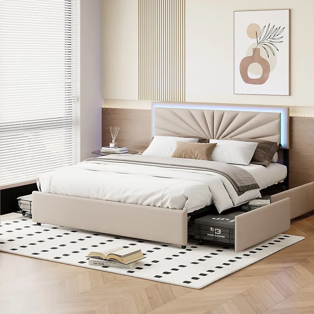 Simple Life Lit Double 160 X 200 Cm, Rembourré Avec 4 Tiroirs Et LED, Sommier à Lattes, Lin Beige* Lit Coffre