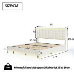 Lit double 160 x 200 cm, sommier tapissier flottant, avec LED, lin, beige><noscript><img width=