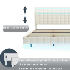 Lit double 160 x 200 cm, sommier tapissier flottant, avec LED, lin, beige><noscript><img width=