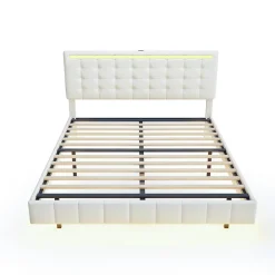 Lit double 160 x 200 cm, sommier tapissier flottant, avec LED, lin, beige><noscript><img width=