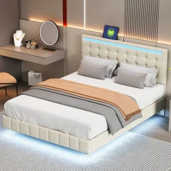 Lit double 160 x 200cm avec sommier à lattes, Lit 160 x 200cm avec éclairage LED et USB, cadre de lit en lin, Beige><noscript><img width=