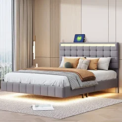 Generique Lit double 140 x 200cm avec sommier à lattes, Lit 140 x 200cm avec éclairage LED et USB, cadre de lit en lin, Gris* Lit Double