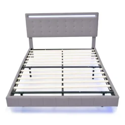 Generique Lit double 140 x 200cm avec sommier à lattes, Lit 140 x 200cm avec éclairage LED et USB, cadre de lit en lin, Gris* Lit Double