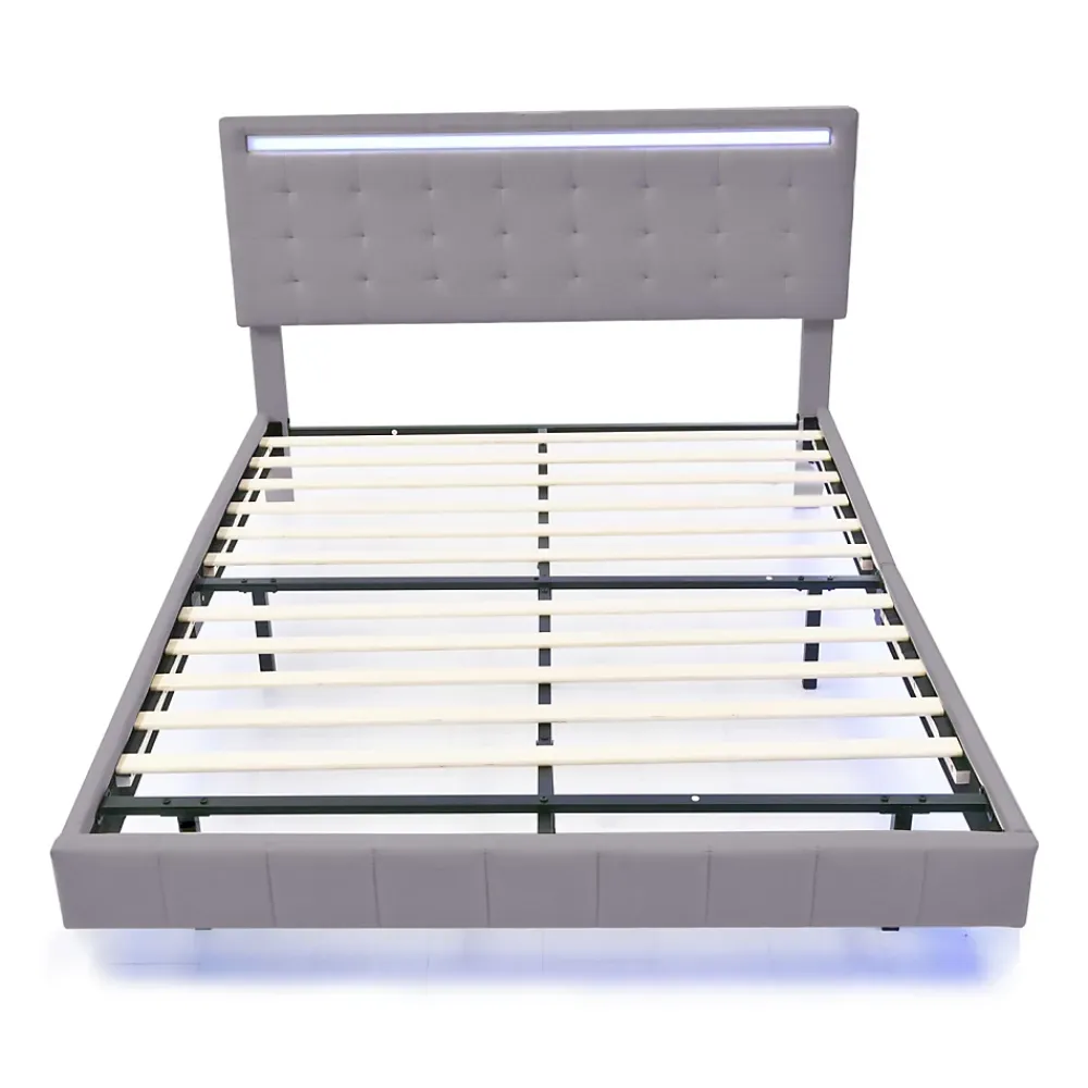 Generique Lit double 140 x 200cm avec sommier à lattes, Lit 140 x 200cm avec éclairage LED et USB, cadre de lit en lin, Gris* Lit Double
