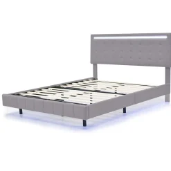 Generique Lit double 140 x 200cm avec sommier à lattes, Lit 140 x 200cm avec éclairage LED et USB, cadre de lit en lin, Gris* Lit Double