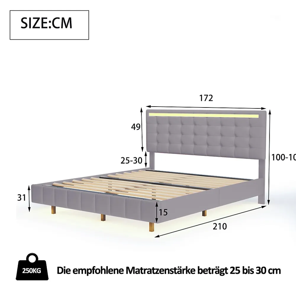 ProximaX Lit double 160 x 200cm avec sommier à lattes, Lit 160 x 200cm avec éclairage LED et USB, cadre de lit en lin, Gris* Lit Coffre