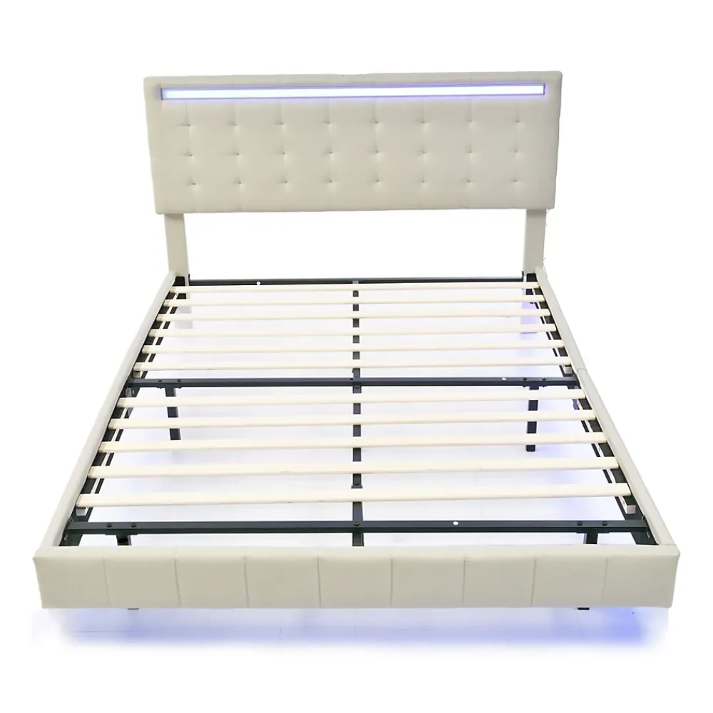 ProximaX Lit double 140 x 200cm avec sommier à lattes, Lit 140 x 200cm avec éclairage LED et USB, cadre de lit en lin, Beige* Lit Coffre