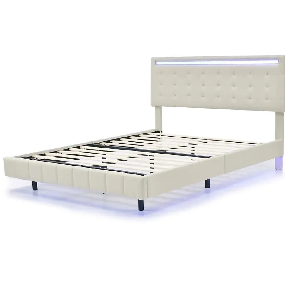 ProximaX Lit double 140 x 200cm avec sommier à lattes, Lit 140 x 200cm avec éclairage LED et USB, cadre de lit en lin, Beige* Lit Coffre