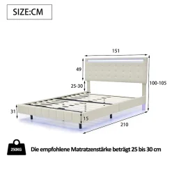 ProximaX Lit double 140 x 200cm avec sommier à lattes, Lit 140 x 200cm avec éclairage LED et USB, cadre de lit en lin, Beige* Lit Coffre