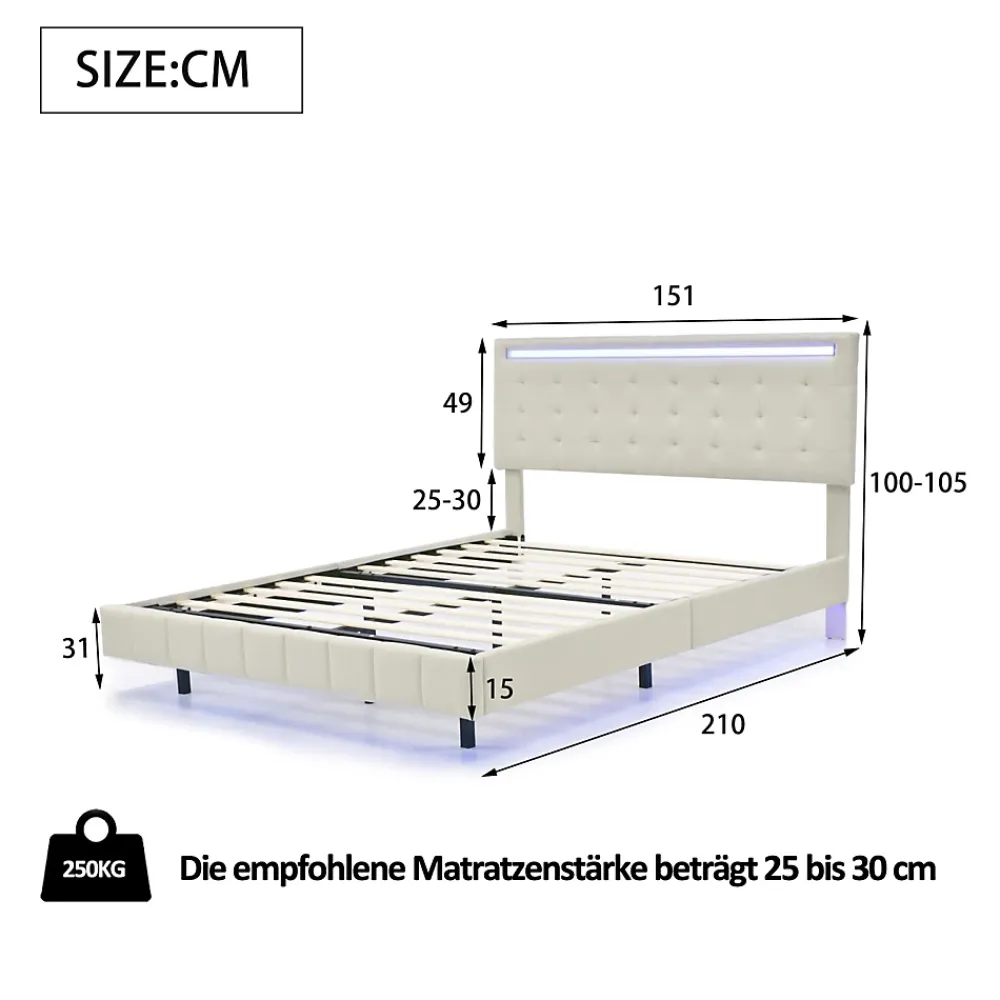 ProximaX Lit double 140 x 200cm avec sommier à lattes, Lit 140 x 200cm avec éclairage LED et USB, cadre de lit en lin, Beige* Lit Coffre