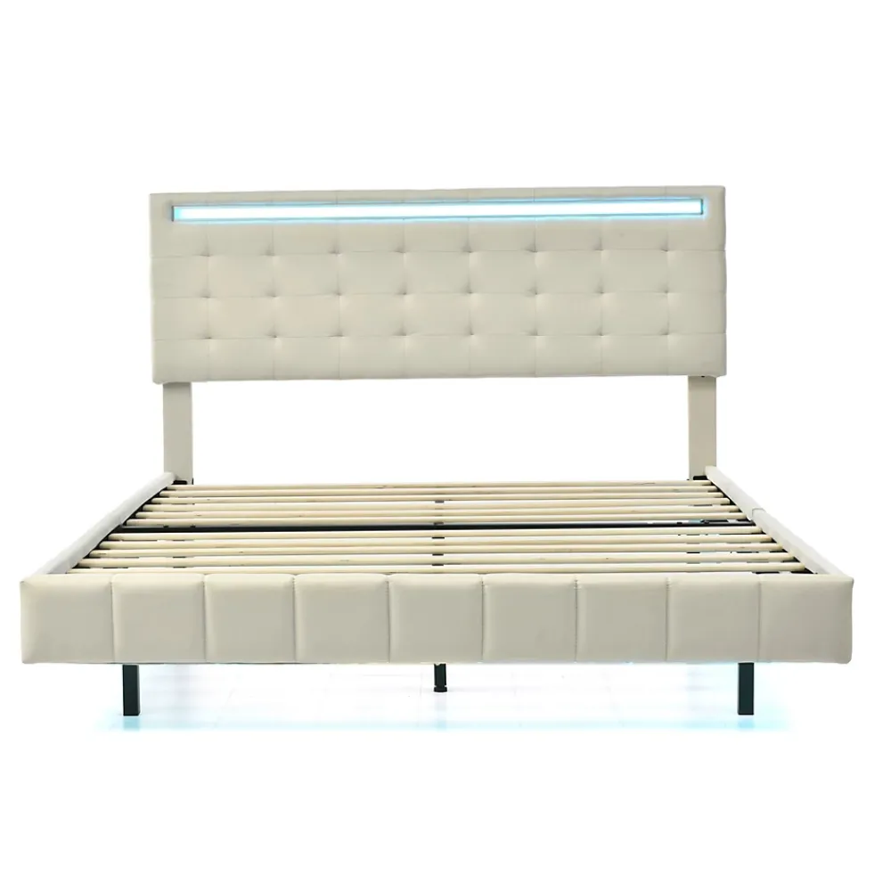 ProximaX Lit double 140 x 200cm avec sommier à lattes, Lit 140 x 200cm avec éclairage LED et USB, cadre de lit en lin, Beige* Lit Coffre