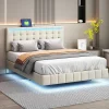 Lit double 160 x 200cm avec sommier à lattes, Lit 160 x 200cm avec éclairage LED et USB, cadre de lit en lin, Beige>ProximaX Clearance