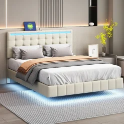 Lit double 160 x 200cm avec sommier à lattes, Lit 160 x 200cm avec éclairage LED et USB, cadre de lit en lin, Beige>ProximaX Clearance