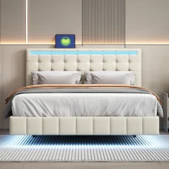 Lit double 160 x 200cm avec sommier à lattes, Lit 160 x 200cm avec éclairage LED et USB, cadre de lit en lin, Beige>ProximaX Clearance