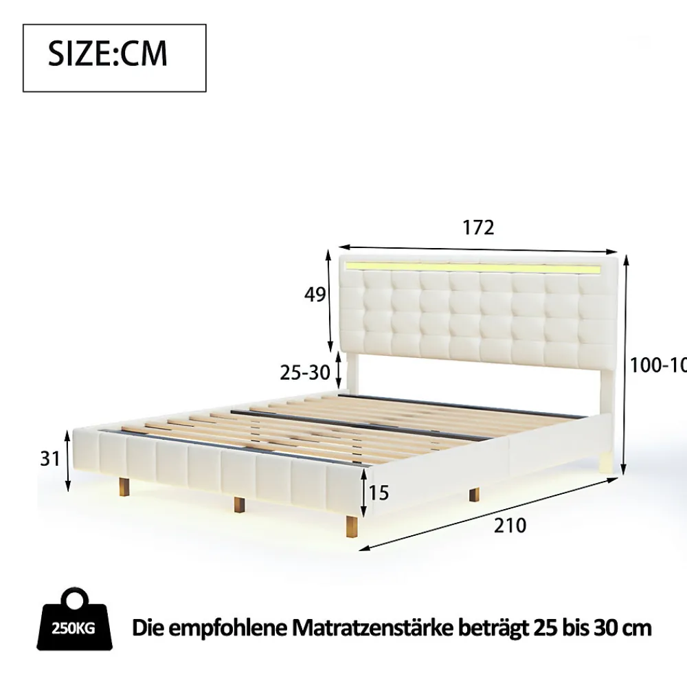 Lit double 160 x 200cm avec sommier à lattes, Lit 160 x 200cm avec éclairage LED et USB, cadre de lit en lin, Beige>ProximaX Clearance