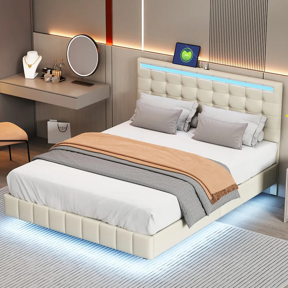 Lit double 160 x 200cm avec sommier à lattes, Lit 160 x 200cm avec éclairage LED et USB, cadre de lit en lin, Beige>ProximaX Clearance