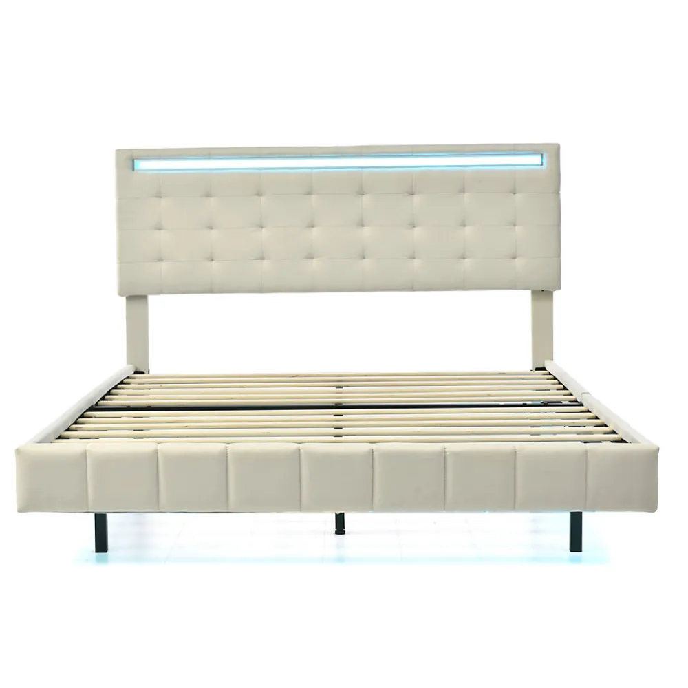 Lit double 160 x 200cm avec sommier à lattes, Lit 160 x 200cm avec éclairage LED et USB, cadre de lit en lin, Beige>ProximaX Clearance