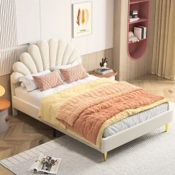 ProximaX Lit double 140 x 200,lit 140 x 200,lit rembourré,lit adulte avec tête de lit en forme de fleur,beige* Lit Coffre